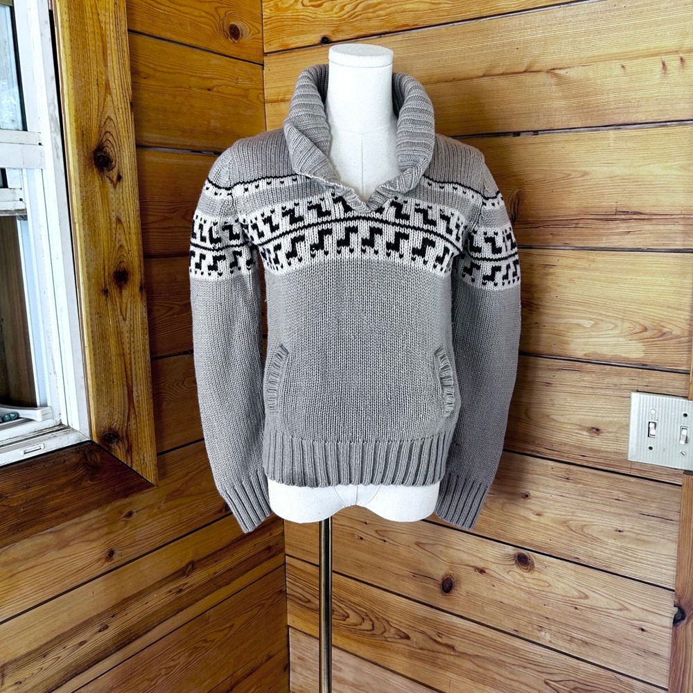 Vintage Wool Shawl Collar Sweater Womens Medium Grey Fair Isle Chunky Knit TNA